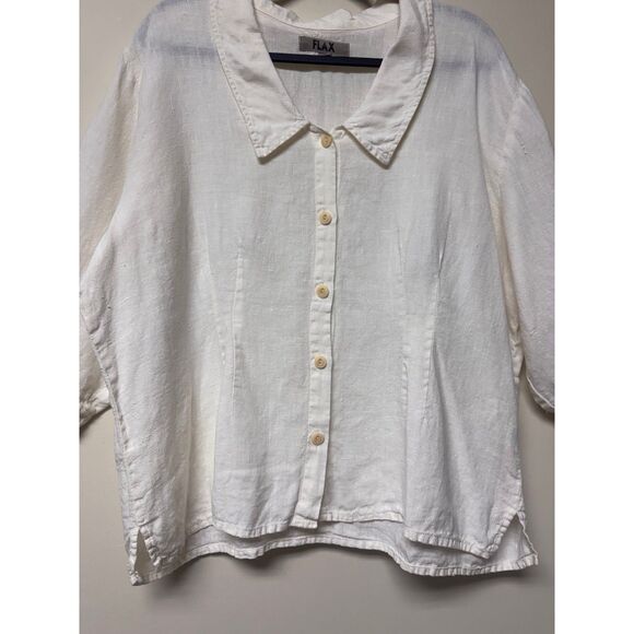 FLAX 100% Linen Button Front 3/4 Sleeve Collared Blouse, Lagenlook, Sz L - Picture 2 of 9